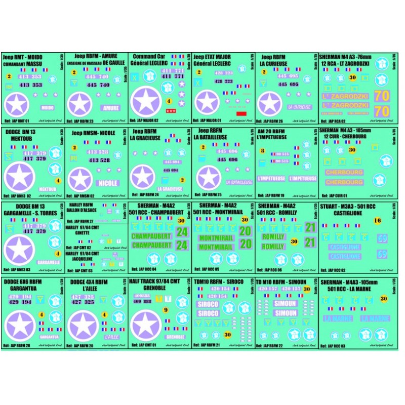 j35.A - PLANCHE DECALS - 1/35 - 26 immatriculations 2eme DB - 1/35eme