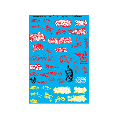 87.158 - TAGS graffiti rouge et jaune fluo - 1/87eme HO