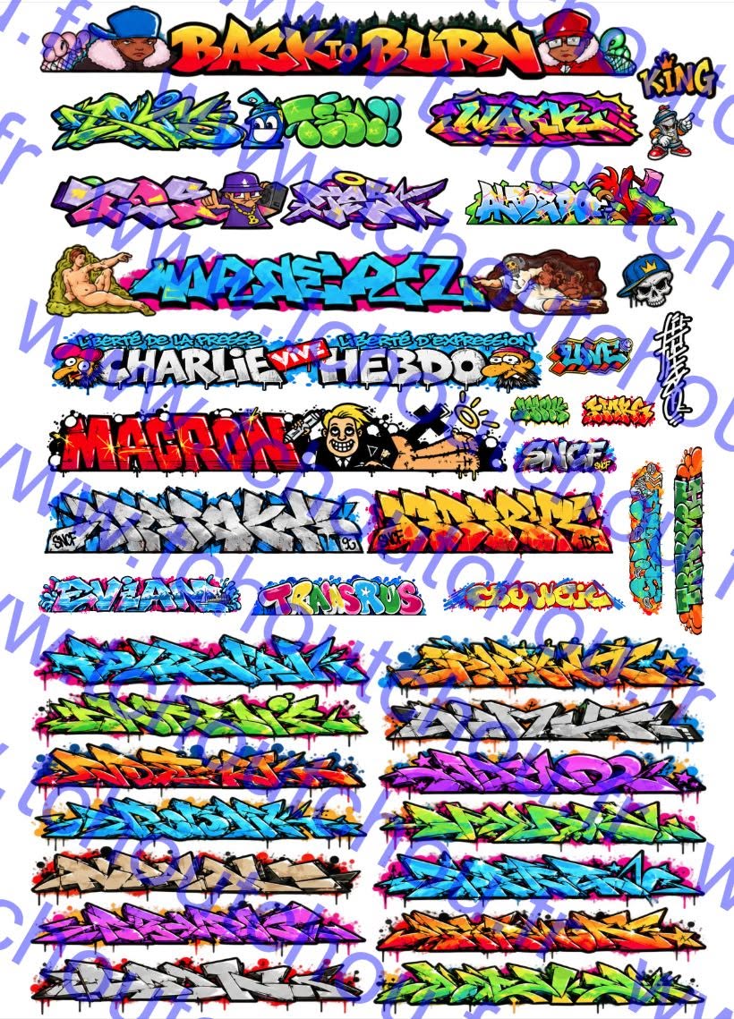 87.XT001 ; Planche de Stickers Graffiti & Street Art – Format A4 – Impression UV Haute Définition